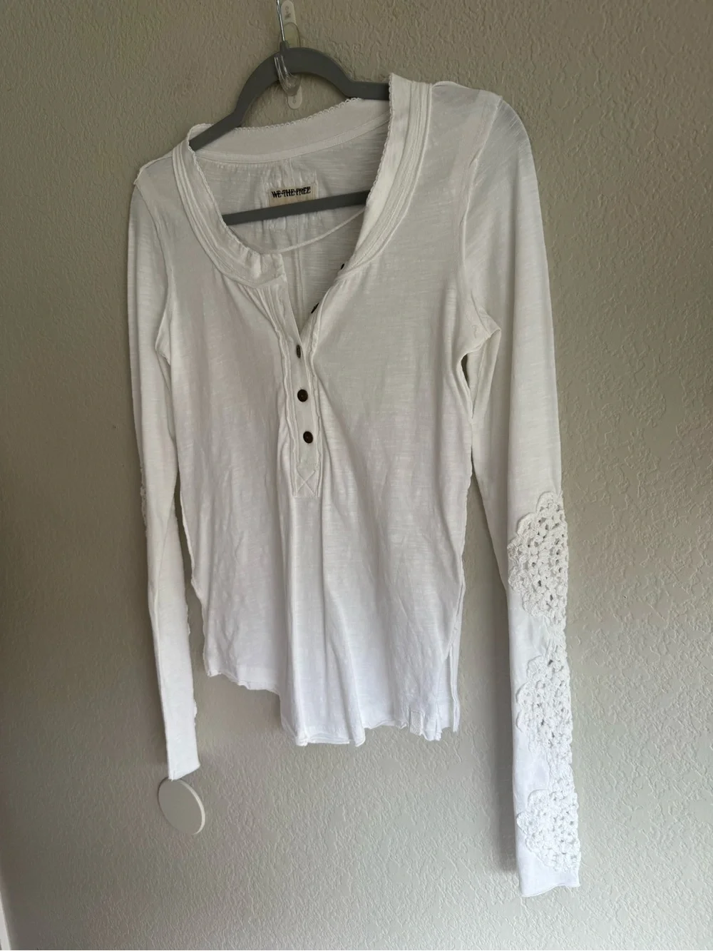 Free People Our Song White Long Sleeve Henley with Lace Elbow Panels NEW
